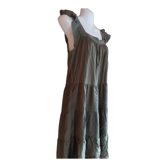 Kirundo Midi Dress Summer Sleeveless Ruffle High- Low Green Army - Picture 3 of 5